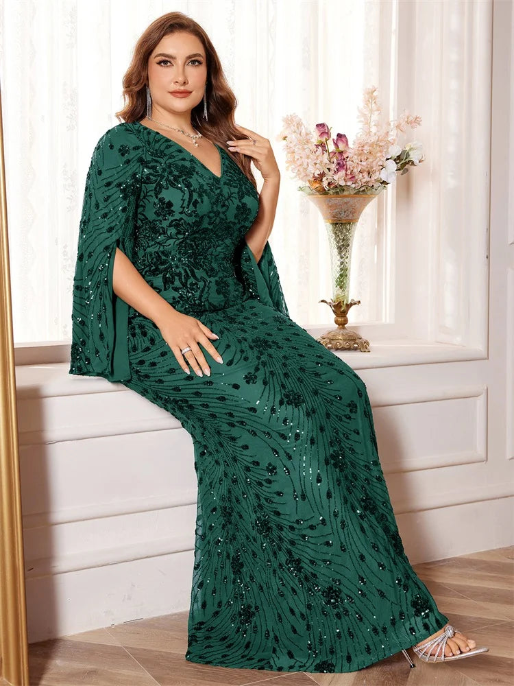 XUIBOL Plus Size Luxury Green Evening Dresses Women 2025 Long Sleeve Mermaid Formal Sequins Prom Wedding Party Cocktail Gowns