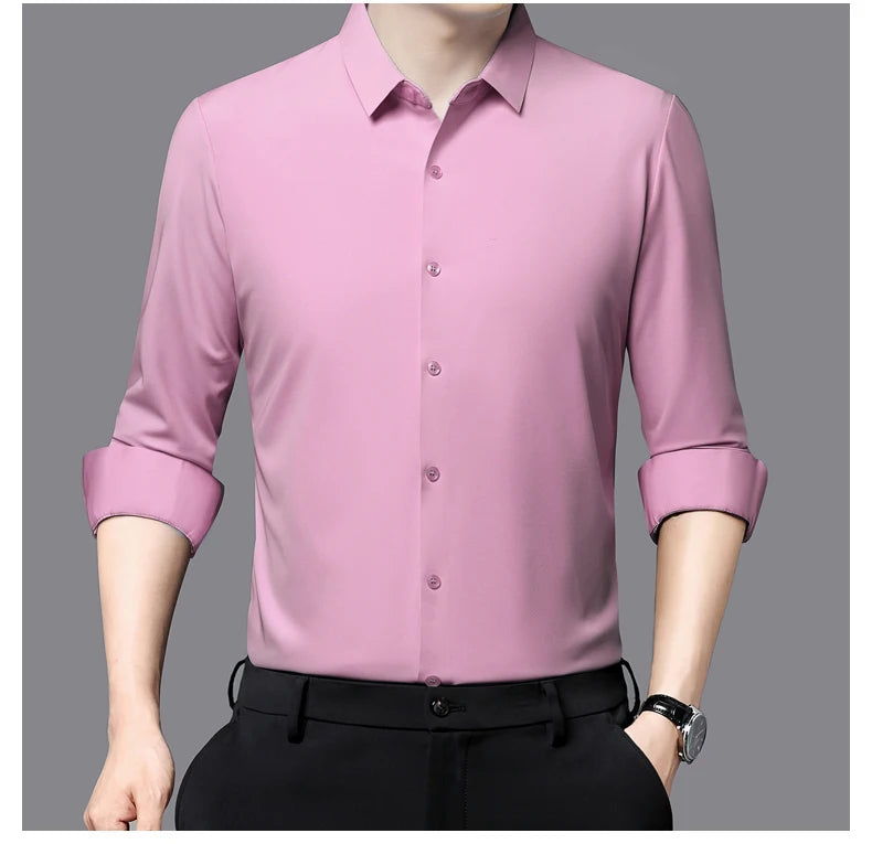 Camisa masculina premium ultraelástica - Camisa formal de manga comprida de seda de alta qualidade para uso social e casual