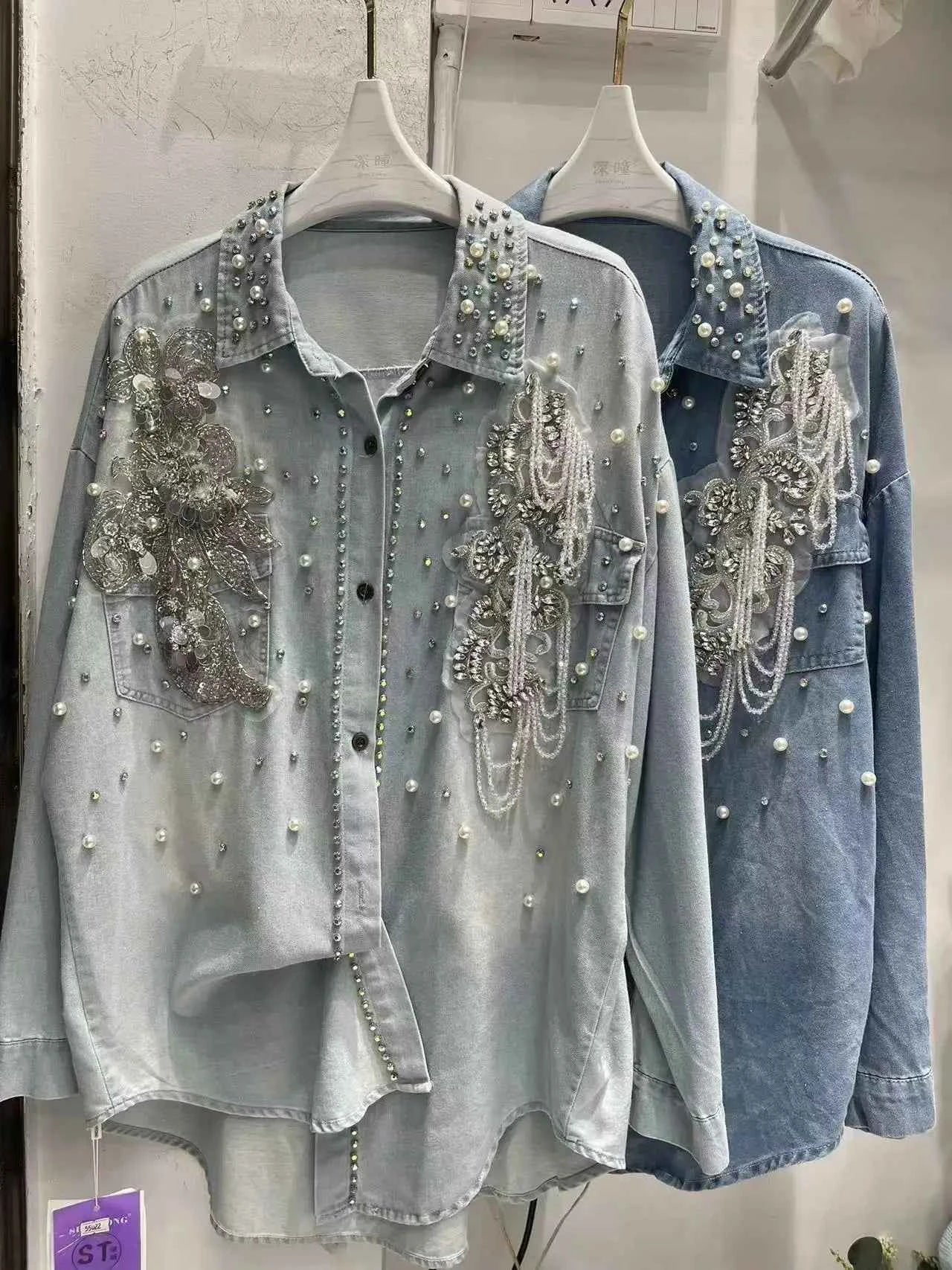 New In 2025 Autumn Trend Crystal tassel Stitch Denim Shirts and Blouses Women's Loose Casual Denim Top  Jacket Woman Clothes