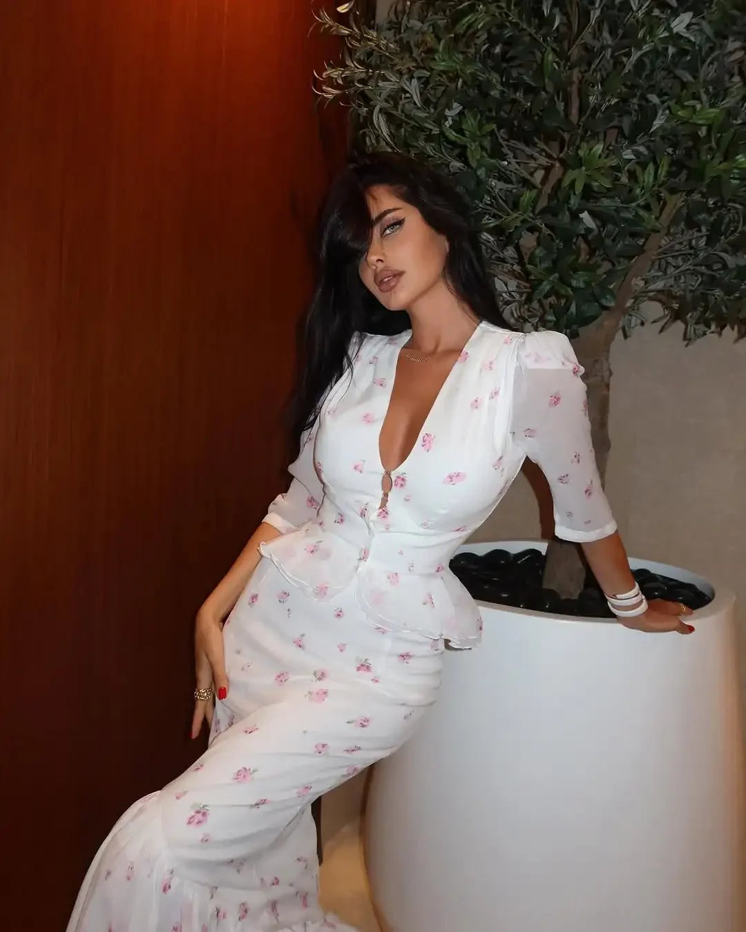 Women White Floral Print Maxi Dress V Neck Puff Sleeve Peplum Waist Fishtail Hem Chiffon Robe Elegant Party Wedding Guest Gown