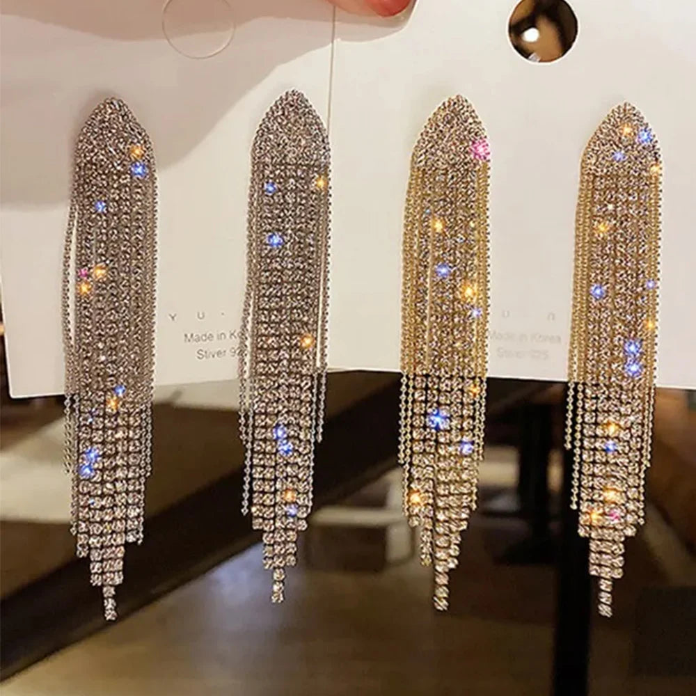 Moda feminina espumante strass longo borla brincos pingente festa de casamento jóias presentes - CRAVO ROSE