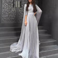 Elegant Solid Color Pleated Robe Dress Fashion High Waist Slim Evening Dress 2024 Autumn Women's O-neck Long Sleeve Party Dress