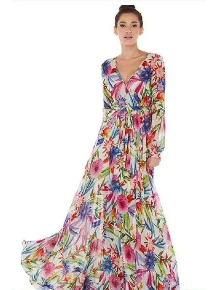 Women's 2024 Autumn New Lantern Sleeves Sexy Deep V Fashion Printed Dress Green Leaf Strap Waist Ankle Long Dress