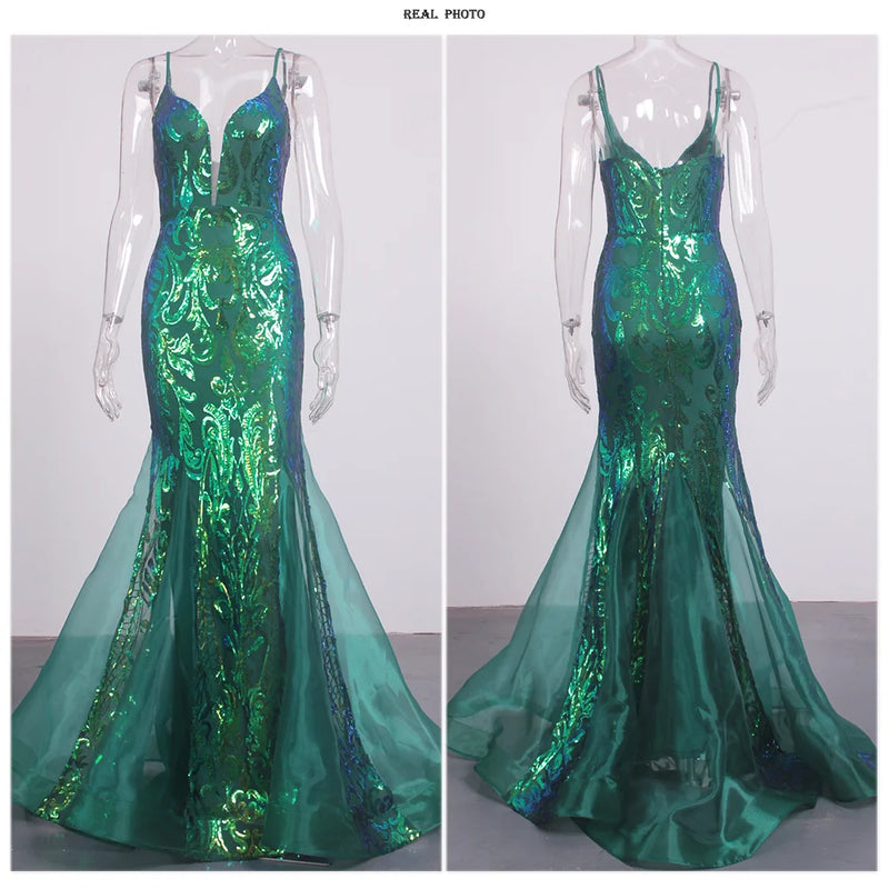 Romagic Deep V Neck Sleeveless Green Cocktail Prom Dress Spaghetti Strap Sequin Luxury Evening Party Women Long Mermaid Dresses