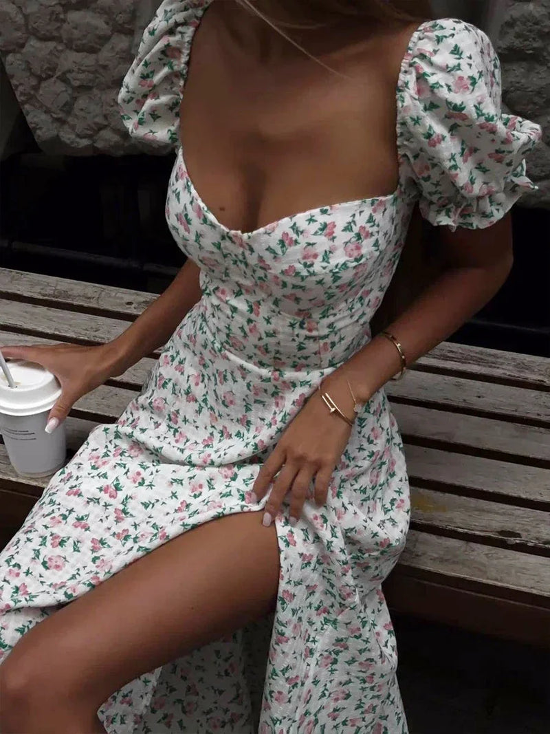 Vestido floral Wolfeel com ombros de fora, elegante, longo, slim fit, estampado, sexy
