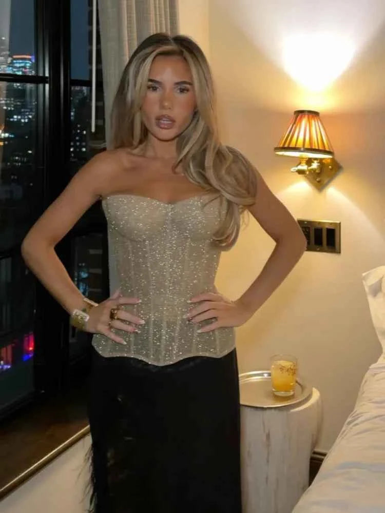 Women Sexy Sequin Lace Up Shell Corset Chic Strapless Backless Off Shoulder Slim Waist Cinching Vest 2026 Lady High Street Top