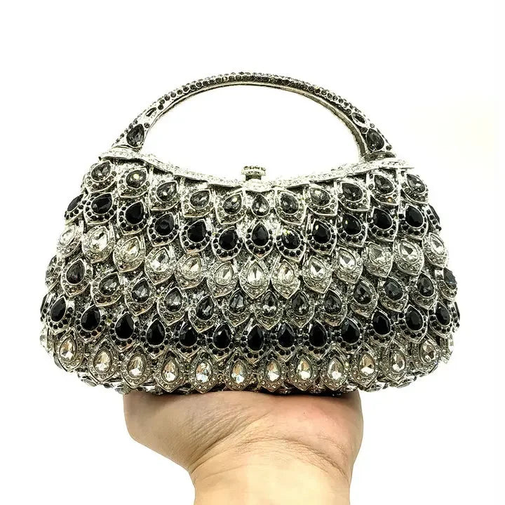 Boutique De FGG Pink Crystal Rhinestone Clutch Handbag Women Metal Minaudiere Top Handle Tote Purse Wedding Party Evening Bag