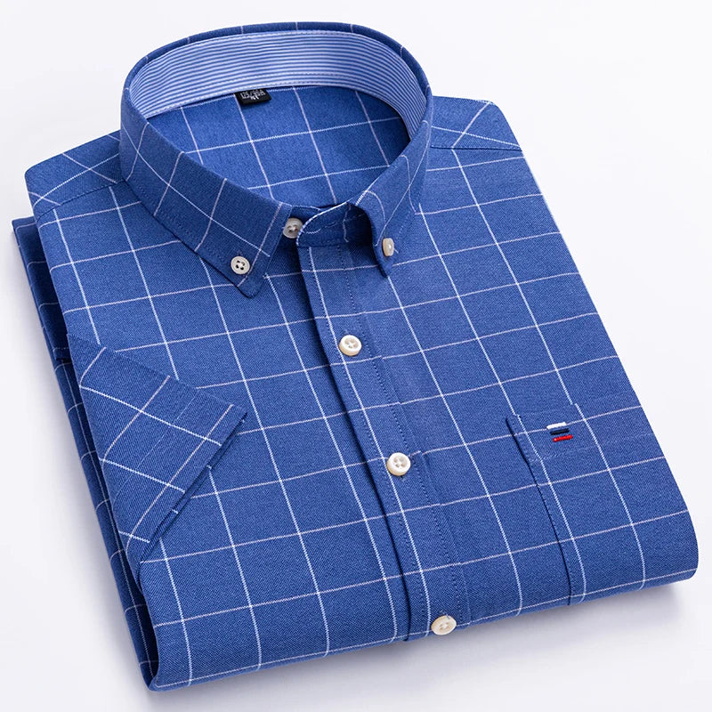 Men's Pure Cotton Oxford Short Sleeve Summer Casual Shirts Comfortable Standard-fit Button-down Plaid Solid Color Cotton Shirt