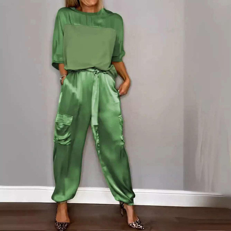 2024 Summer Elegant Women's Smooth Satin Set Street Scenery Smooth Satin Half Sleeve Shirt Casual Pants Sports Two Piece Set