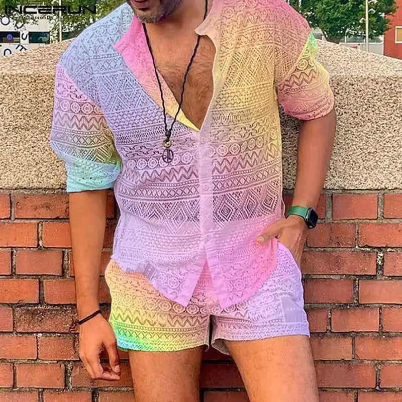 Conjuntos masculinos  de renda transparente com tie-dye, lapela degradê, camisa de manga curta e shorts, 2 peças,  urbana, ternos