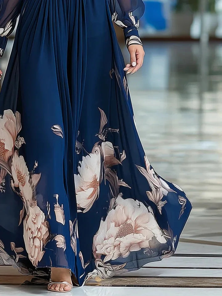 Elegant Long Sleeve Maxi Dress Women 2026 Summer V-neck Florat Print A-line Maxi Dresses Casual