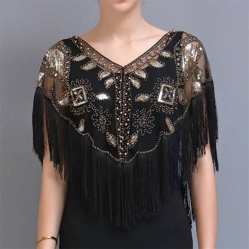 Summer Sequins Tassels Poncho Women Coat Party Outfits Cape Mesh Jacket Ladies Cloak Shawls Casaco Outerwear Wraps Woman Clothes