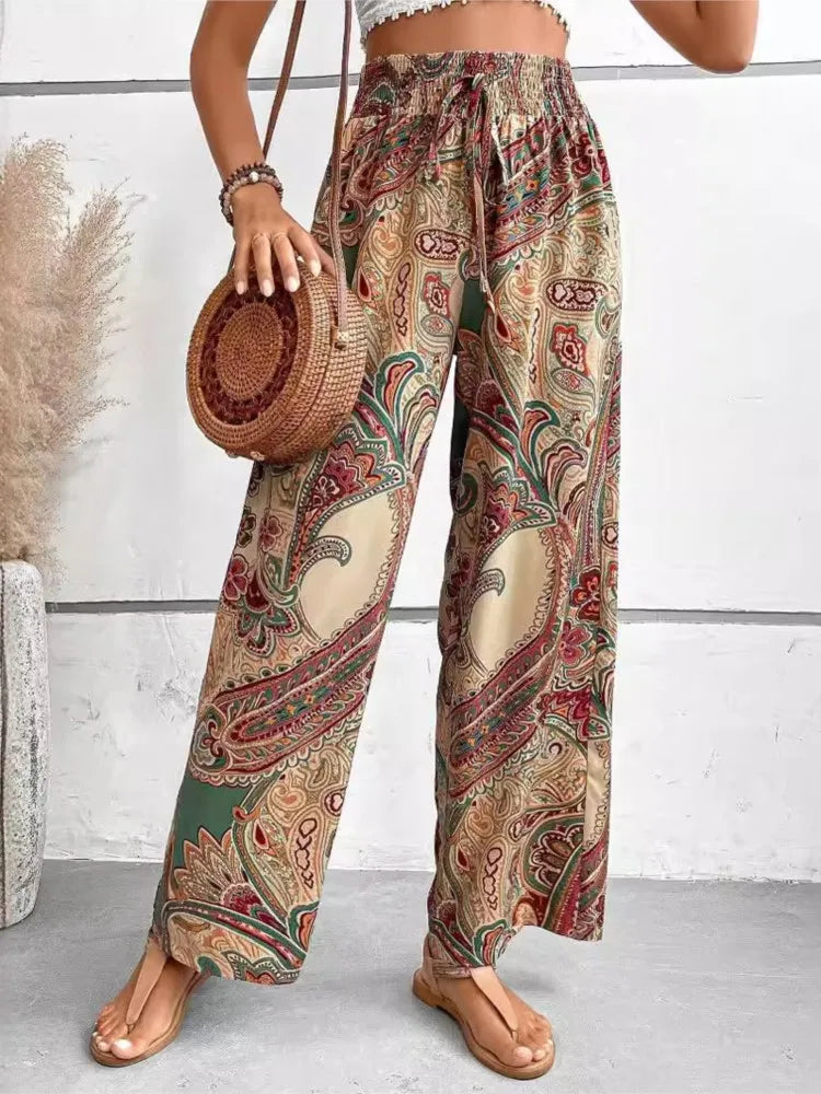 Calças de cintura alta com estampa da moda, pernas largas, primavera-verão, roupas femininas, calças casuais soltas, faixas elásticas, estilo boho, calças de praia
