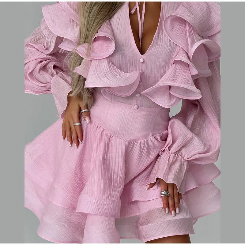 Solid Ruffle Mini Dress U Neck Long Puff Sleeve Tie Neck Tiered Hem Sweet Style Gown Soft Pastel Tones Fashion Chic Women Outfit