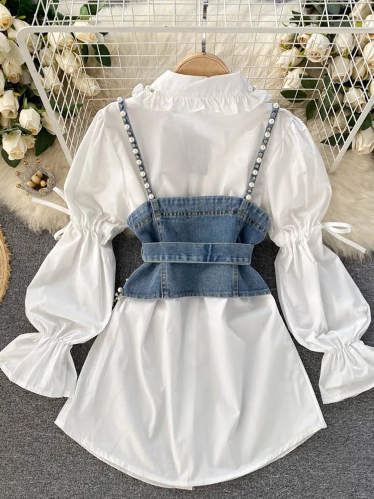Blusa feminina nova primavera outono com contas de diamantes e manga bufante, top com borlas e pérolas, colete com alça, camisa de duas peças