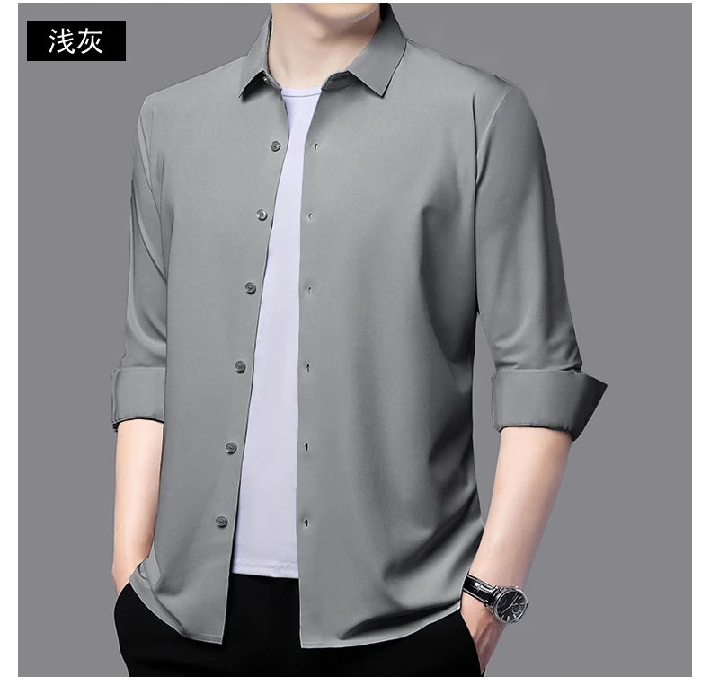 Camisa masculina premium ultraelástica - Camisa formal de manga comprida de seda de alta qualidade para uso social e casual