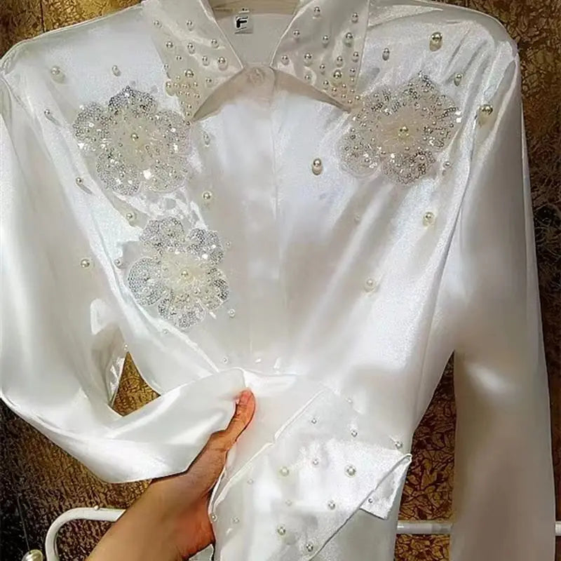 Blusas brancas com lantejoulas e miçangas estilo luxo, camisas para mulheres, vintage, botões, blusas de abotoamento simples