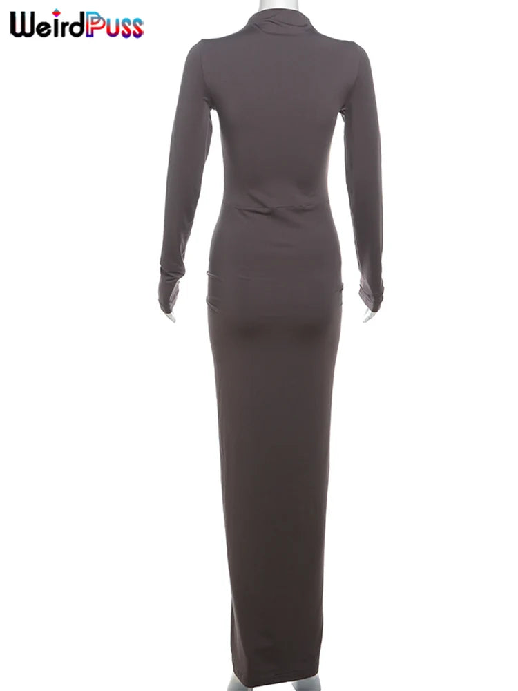 Weird Puss Hipster Ruched Dress Women o-NeckFull Sleeve  Skinny Stretch Robe Autumn Trend Simple Classic Pleats Long Bodycon