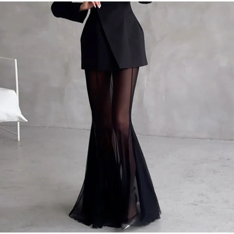 Conjunto elegante de blazer e saia sólida feminino, slim, com um botão, jaqueta plissada, transparente, saia rabo de peixe