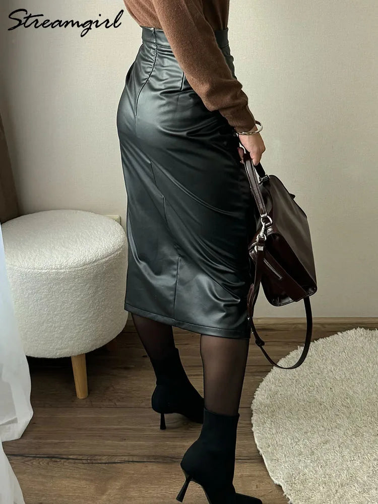 Women Midi Leather Skirt Sexy Split High Waist Zipper PU Front Slit Skirts Ladies Black Faux Leather Folded Skirt For Women