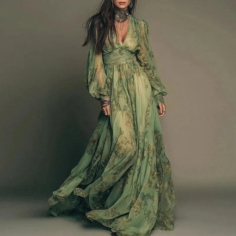 Elegant Green Floral Print Chiffon Maxi Dress Spring Sexy Deep V Neck High Waist Long Dress New Summer Bohemian Beach Maxi Dress