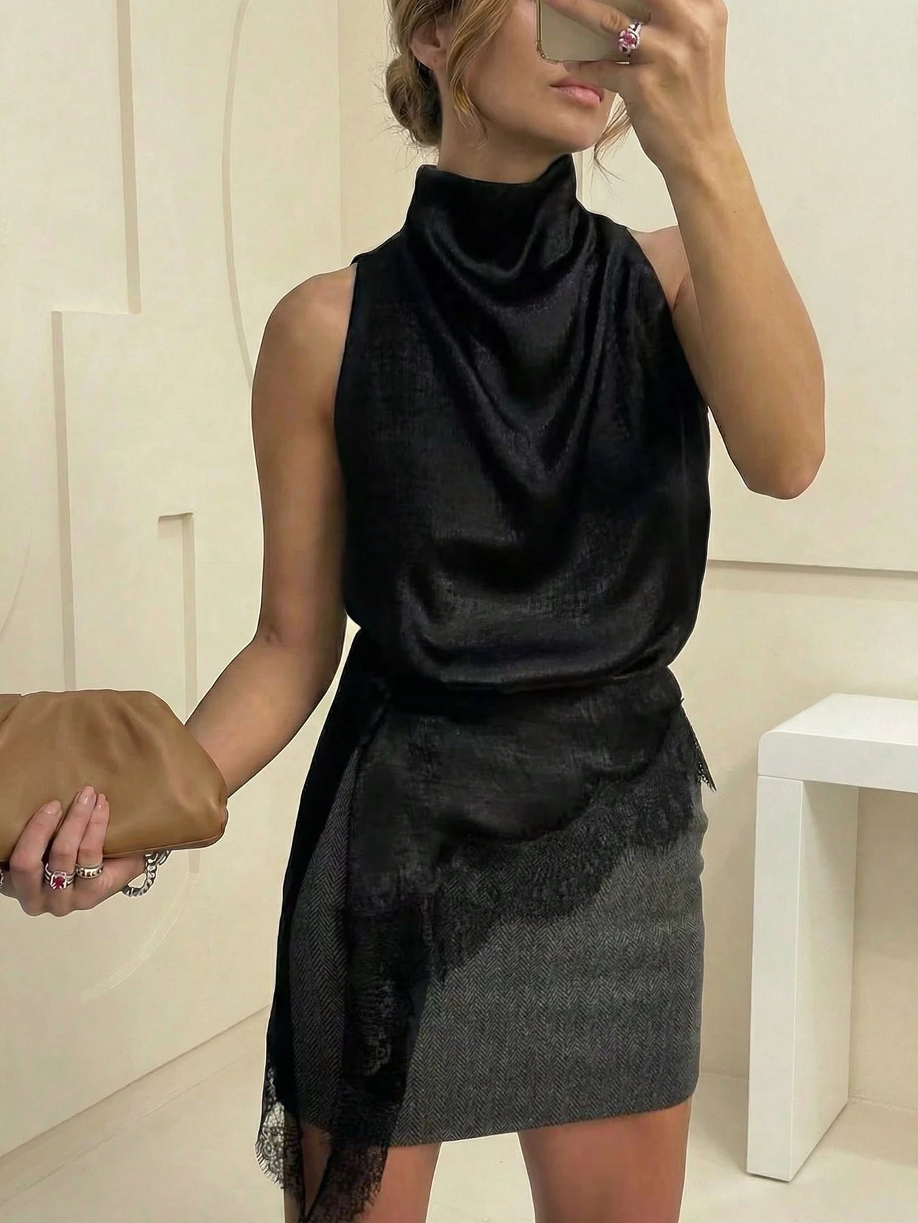Women's Elegant Black Satin High Neck Blouse Lace Trim Sleeveless Casual Commute & Date Top