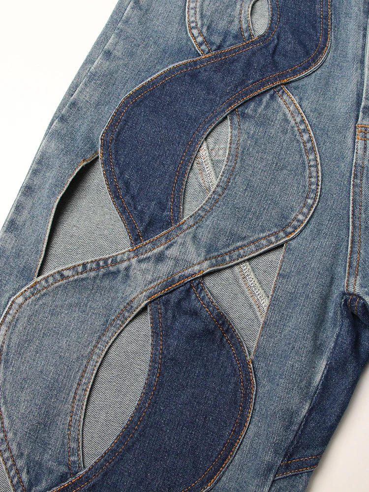 TWOTWINSTYLE Calça jeans feminina com zíper e patchwork, cintura alta, vazada, casual, perna larga, roupa feminina, nova moda
