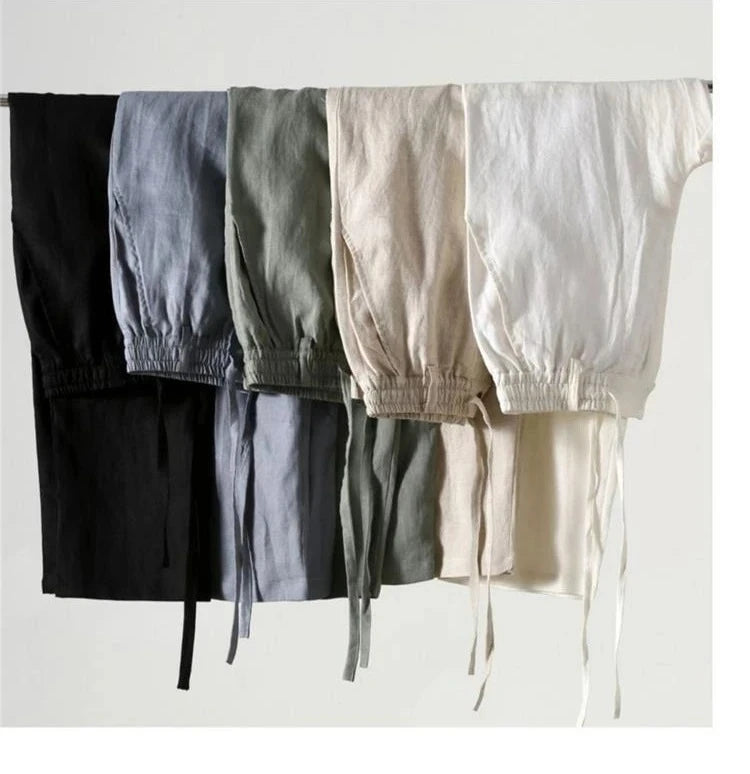 Solid Color Linen Pants Men's Loose Cotton Linen Casual 9 Points Pants Spring Summer Home Straight Soft Comfortable Trousers
