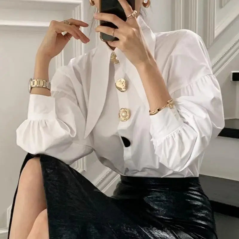 2026 Casual Long-sleeve Shirt Women New Fashion Turn Down Collar Big Button Retro Blouse Female