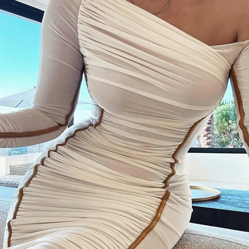 Hugcitar Mesh Solid Diagonal Collar Long Sleeve Draped Sexy See Through Bodycon Maxi Dress Summer Fashion Clothes Festival Club