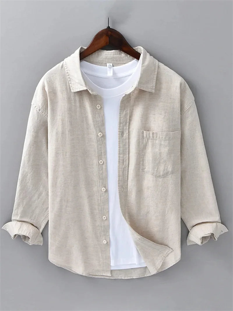 Men's linen shirt 100℅ slim fit comfortable street outdoor seaside beach 2024 simple solid color white black blue