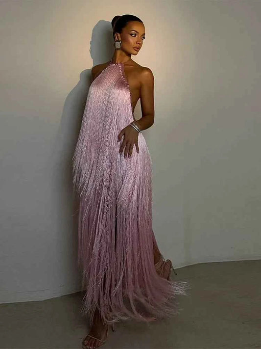 Party Women's Dress Halter Sleeveless Backless Tassel Solid Female Long Holiday Dresses 2026 Summer Fashion Elegant Lady Robe