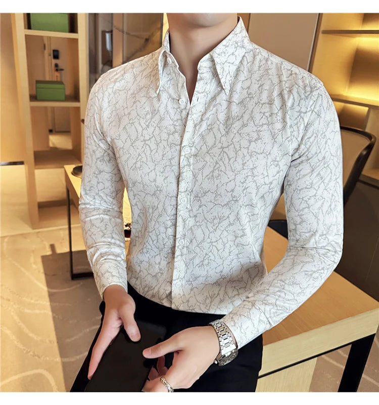 Camisas jacquard vintage de luxo, manga comprida de alta qualidade, slim fit, smoking casual, camisas sociais para casamento, tamanho 4XL-M