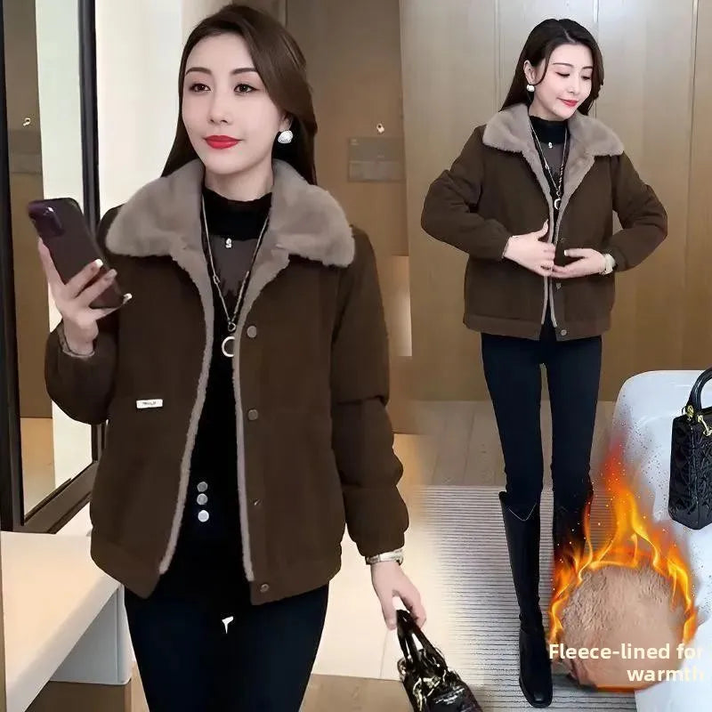 Thickened Fleece Lined Cotton Parka Coat Women's Style 2025 Winter New Arrival American Retro Mountain Eagle Design Jacket