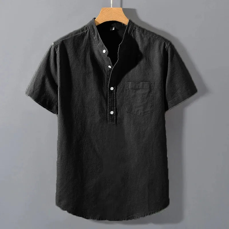 Camisetas de manga curta, cor sólida, gola alta, moda verão, respirável, solta, básica, algodão, bolso, top