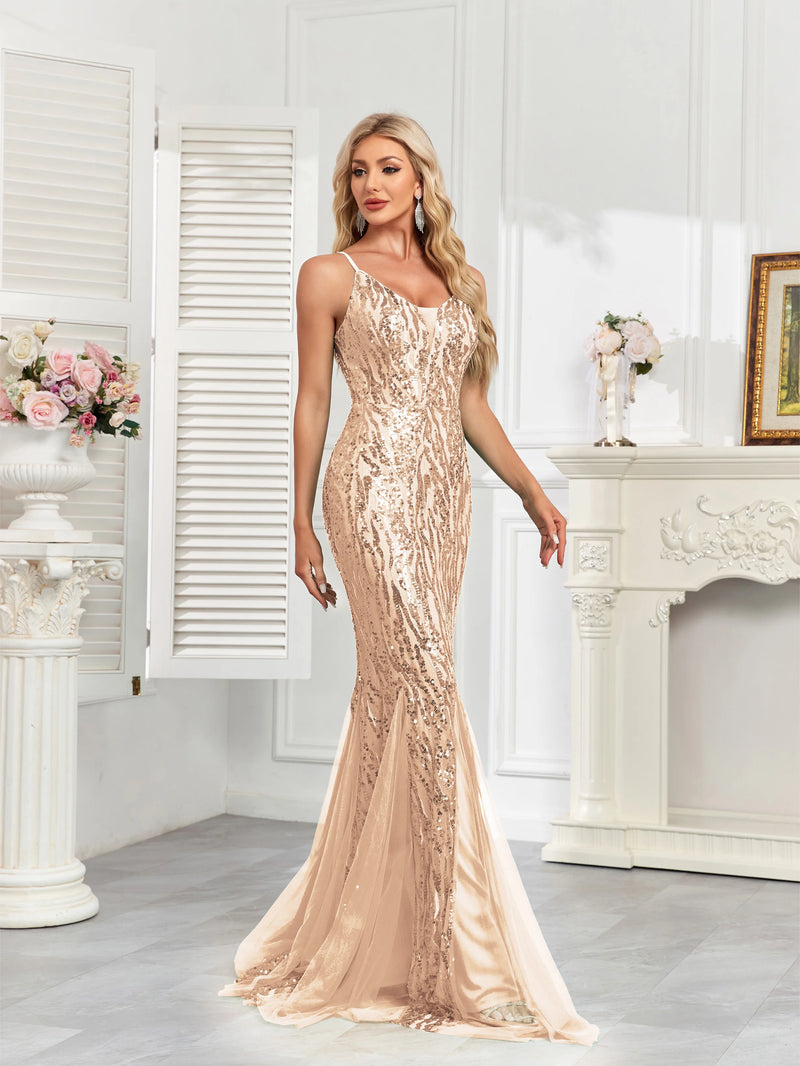 XUIBOL Party halter sequin gown with luxurious fishtail net skirt