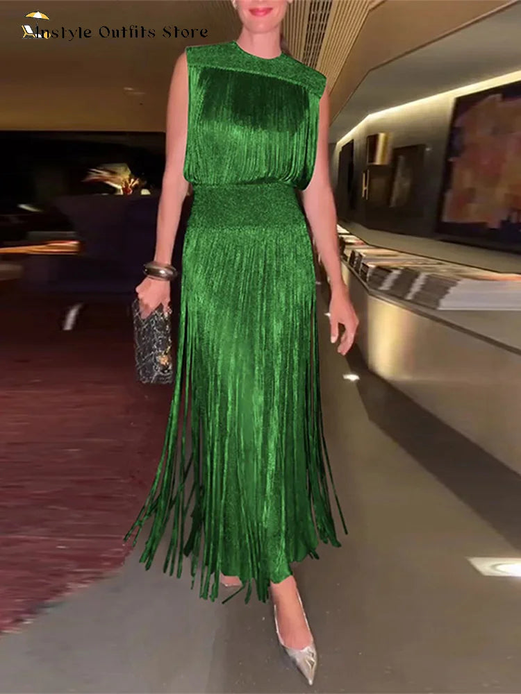 Elegant Tassel Maxi Dress Women Slim Spring Summer O-neck Shine Ankle-length Dresses Lady Sleeveless Solid Robe Female Party