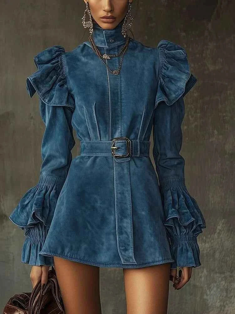 Women's Suede Mini Dress with Ruffled Puff Sleeves High Neck Belted Waist Flounce Cuffs Button-Down Chic Ethnic Style Dress