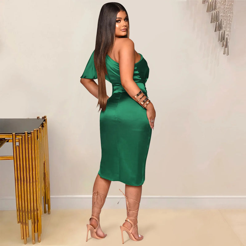 Clothing 2022 Summer Solid High Split One Shoulder Elegant Midi Dress For Woman Birthday Nightclub Party Club Dresses Vestidos