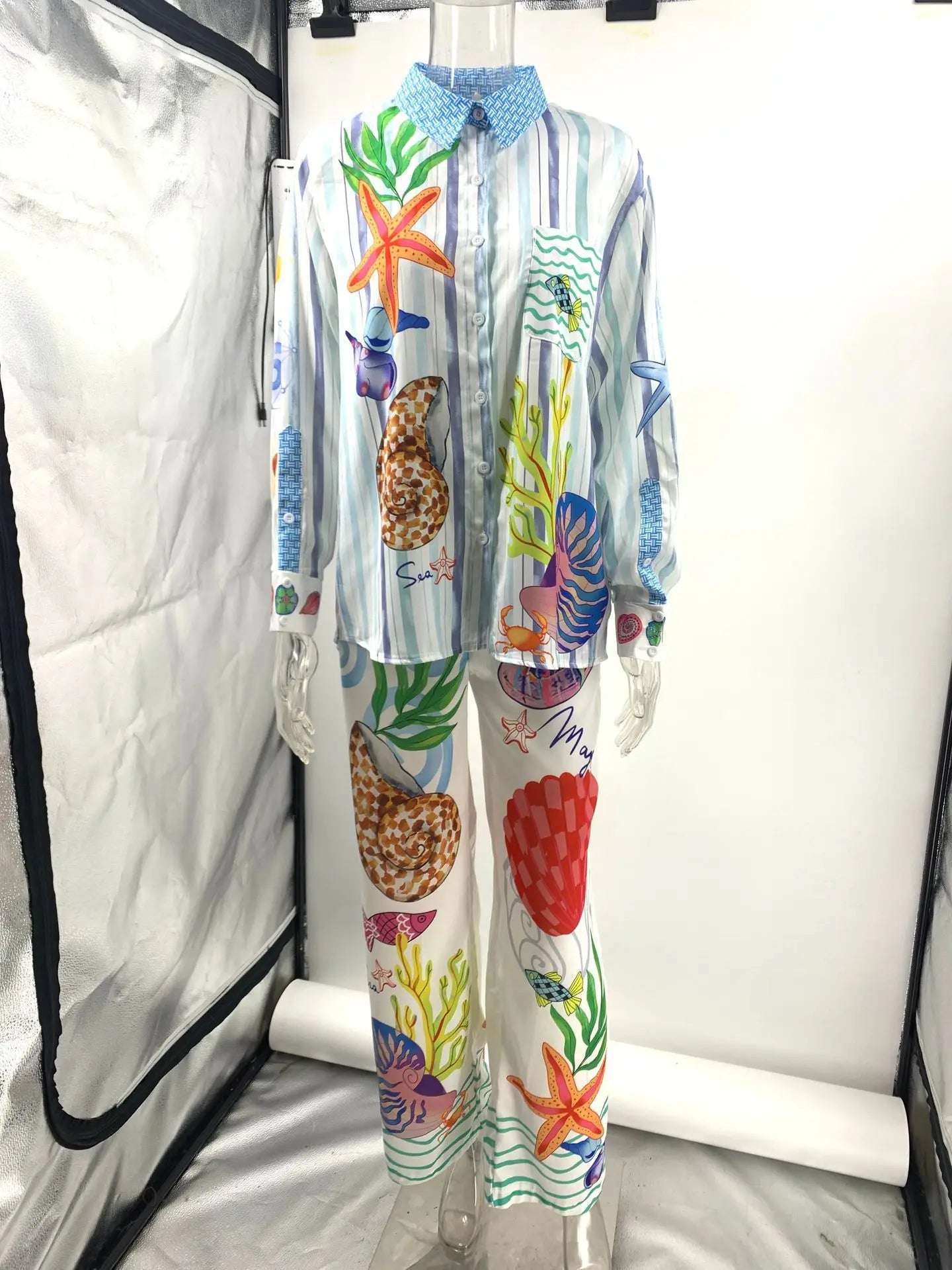 Bohemia Satin Print Loose Pants Sets Women Causal Long Sleeve Shirts Two Piece Sets Female Beach Summer Outfits Streetwear