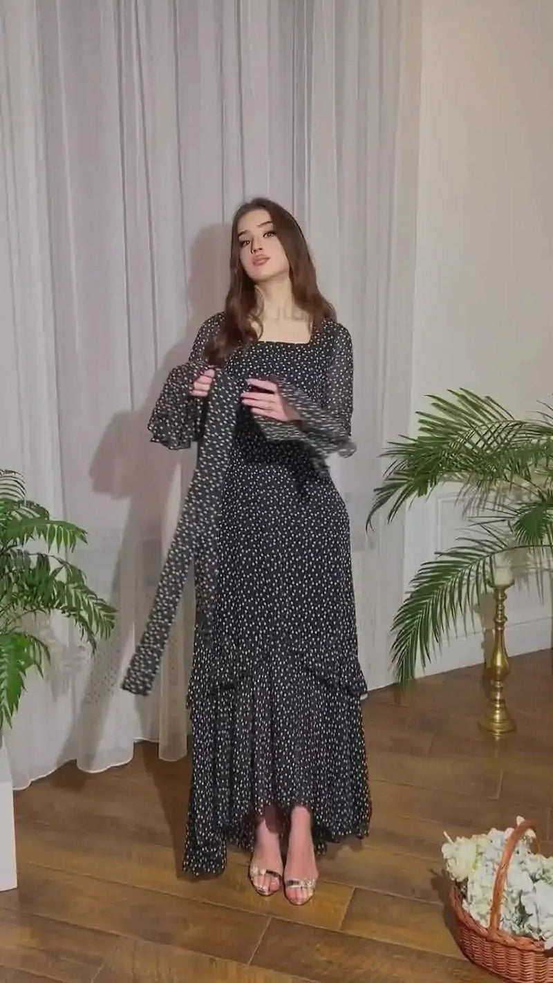 2025 Women's Dress Elegant Fresh Sweet Polka Dot Print Asymmetrical Layered Long Sleeve Tie Details High Waist Slim Maxi Dress