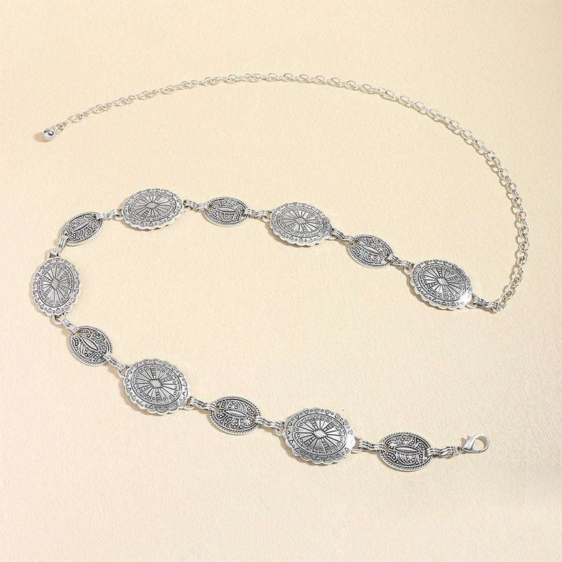 Retro style women's metal waist chain accessories Decorative circle carved chain belt high style accessories