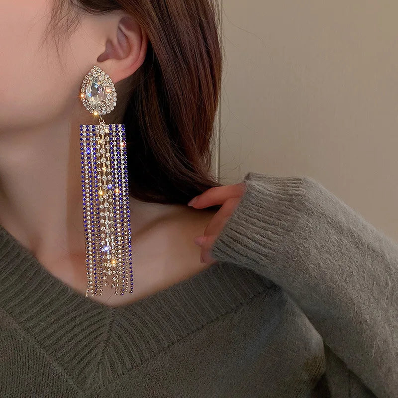 XIALUOKE Black Colorful Water Drop Crystal Earrings Oversize Long Tassel Rhinestone Dangle Earring For Women Statement Jewelry