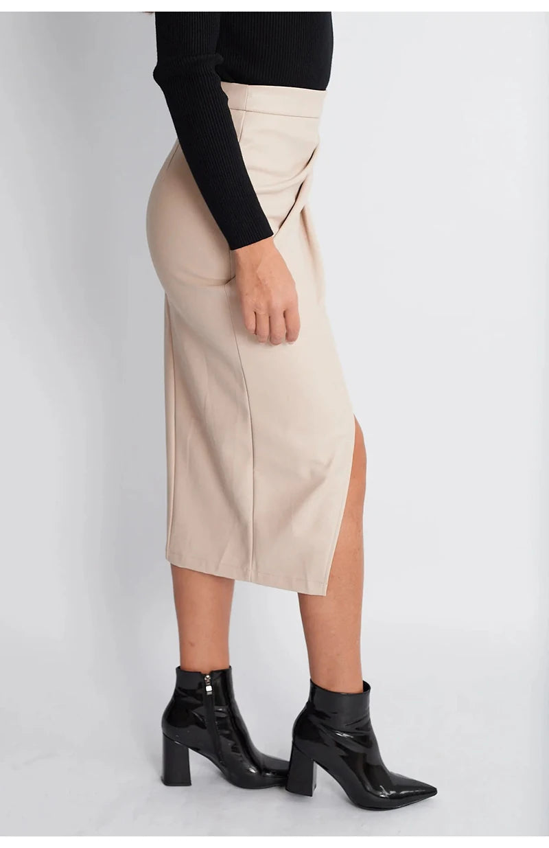 Women Midi Leather Skirt Sexy Split High Waist Zipper PU Front Slit Skirts Ladies Black Faux Leather Folded Skirt For Women