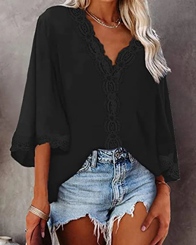 Blusa feminina de chiffon com costura de renda, decote em V, manga flare, blusa solta de verão, moda simples