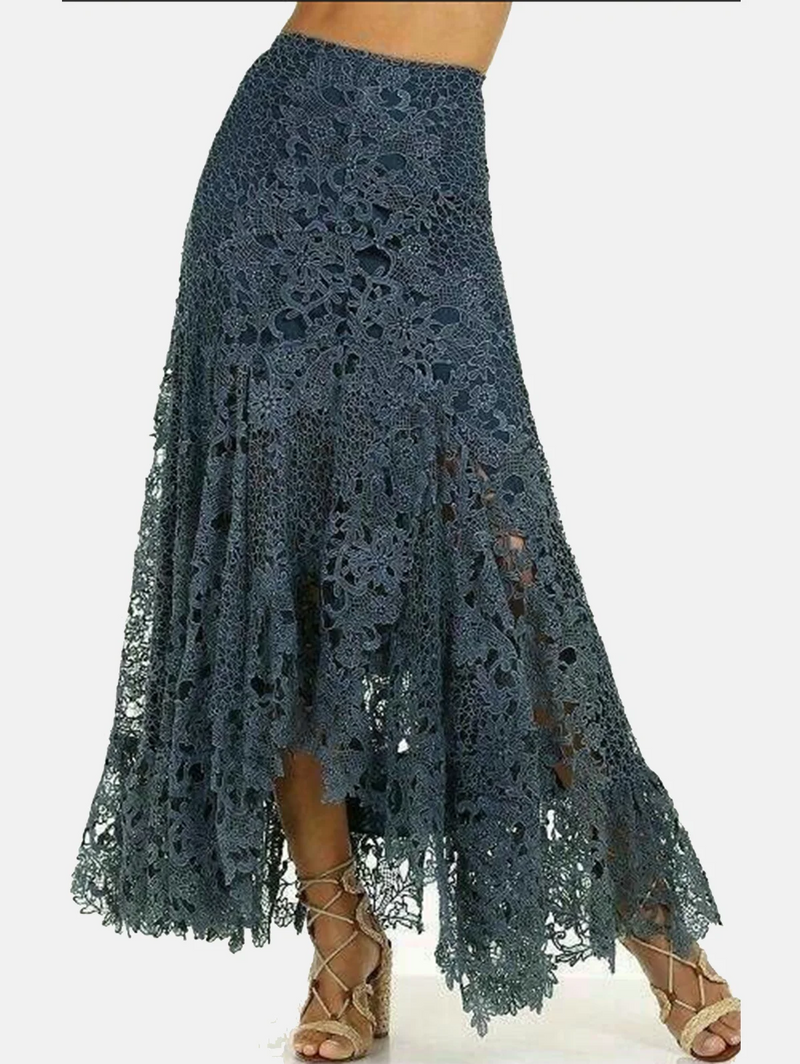 Saia assimétrica de renda elegante feminina, vintage, estilo boho, cintura alta, malha vazada, patchwork, camadas, maxi saias, trajes