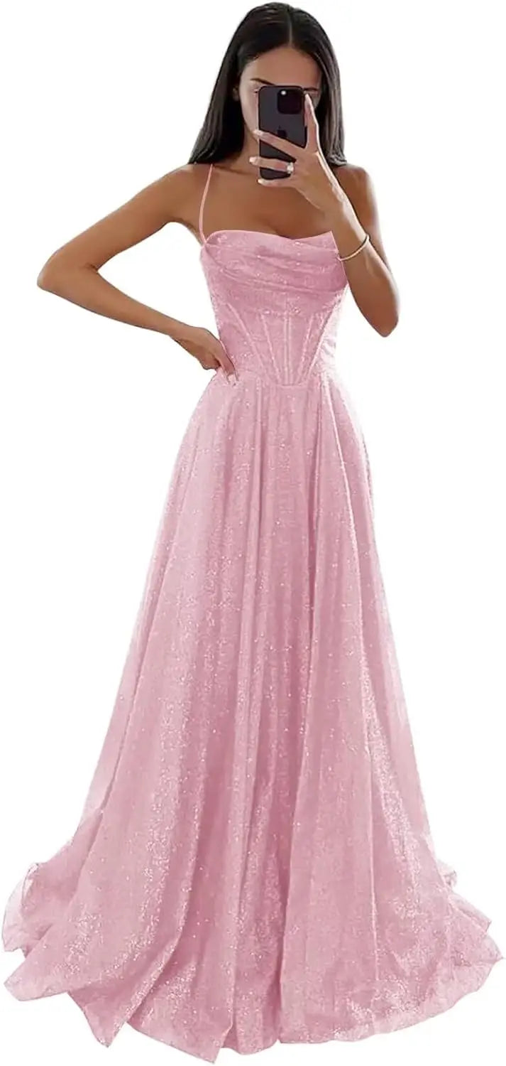 Spaghetti Straps Sleeveless Prom Dress for Women Long Shiny Tulle Formal Evening Party Gown with Slit Formal Dress Women Elegant