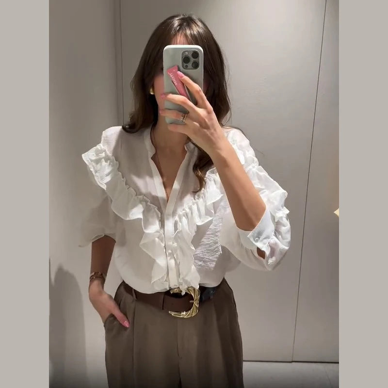 Blusa feminina elegante, azul, gola alta, babados, manga comprida, lisa, solta, chiffon, nova blusa feminina de verão 2025