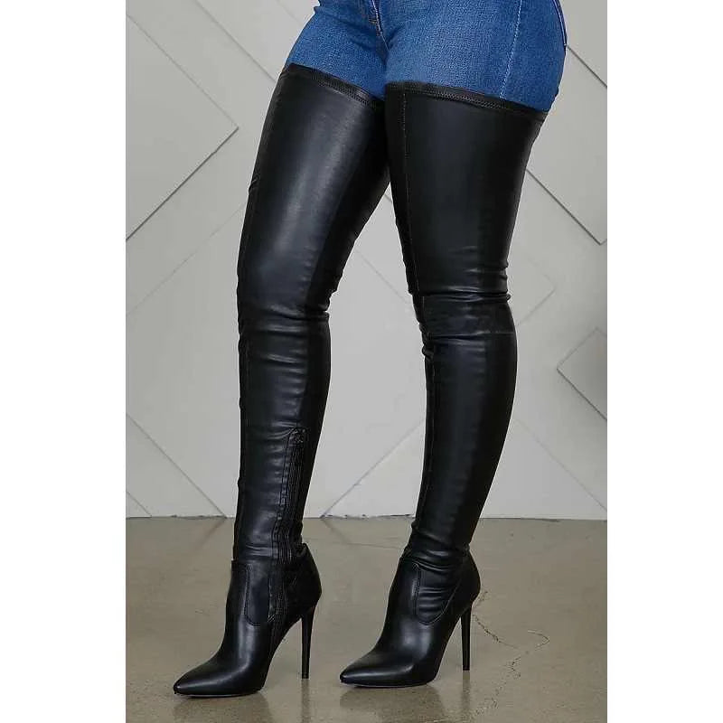 Novas botas acima do joelho femininas, salto alto fino, botas elásticas da moda feminina, tamanho grande 46 47, botas femininas