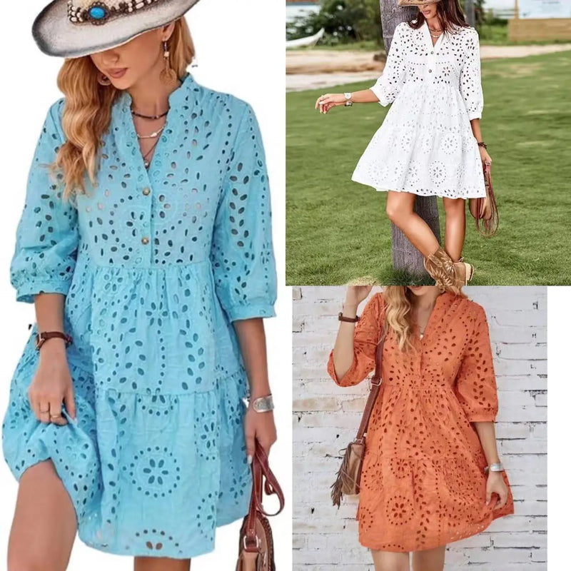 Spring Summer New Solid Color Hollow Out Fashion 7 Point Sleeve Dress Wmen's Casual Loose Simple Elegant Female Holiday Dresses